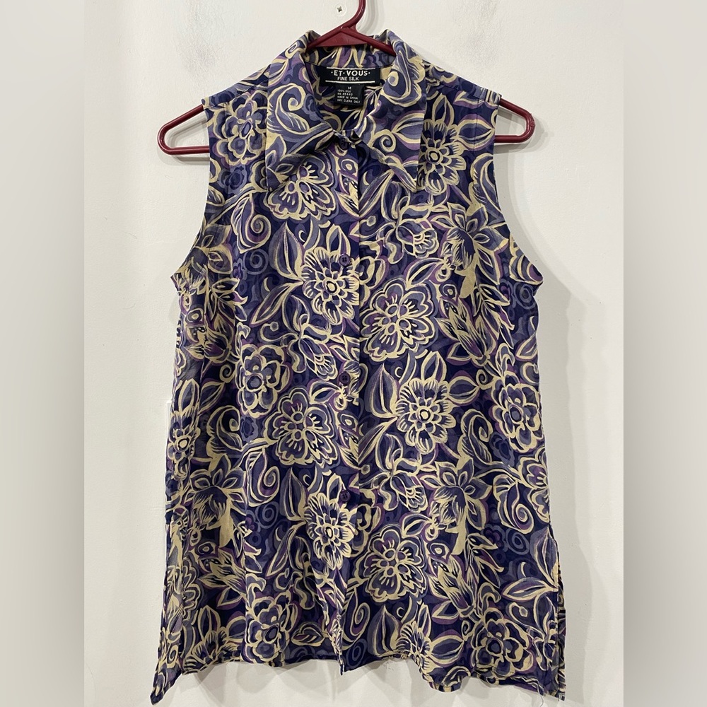 ET VOUS Silk Vintage Sleeveless Front Buttoned Purple/ Lila/ Beige Floral M